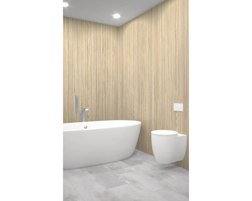 Moderná kúpeľňa s voľne stojacou vaňou a závesným WC pred drevenou stenou