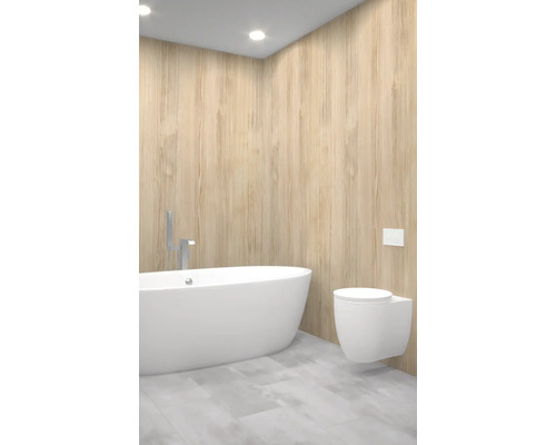 Kúpeľňa s voľne stojacou vaňou a závesným WC pred drevenou stenou