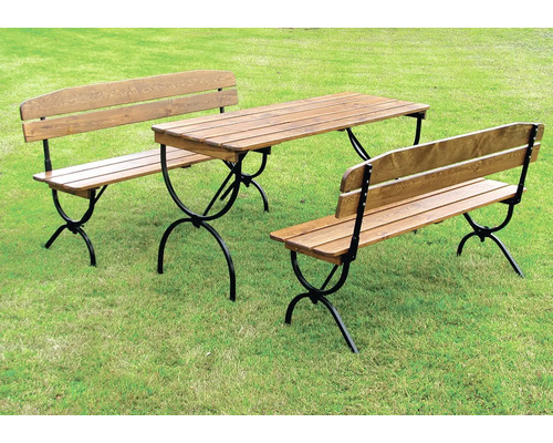 Záhradná stolová súprava s dreveným stolom a dvoma drevenými lavicami