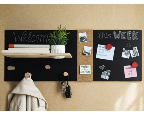 Nástenný organizér s tabuľou, korkom a odkladacou plochou na uloženie poznámok, kľúčov a dekorácií