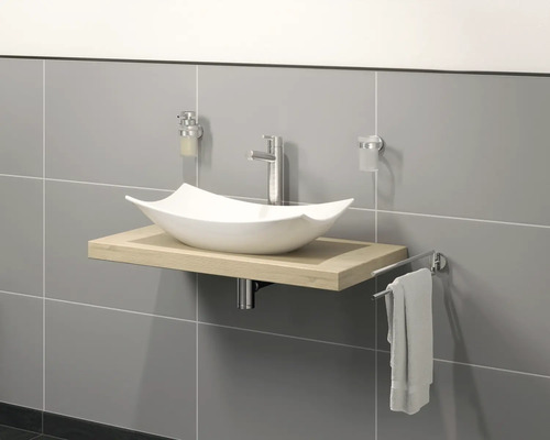 Kúpeľňové umývadlo s umývadlom na dosku, batériou, dávkovačom mydla, pohárom na zubné kefky a držiakom na uteráky