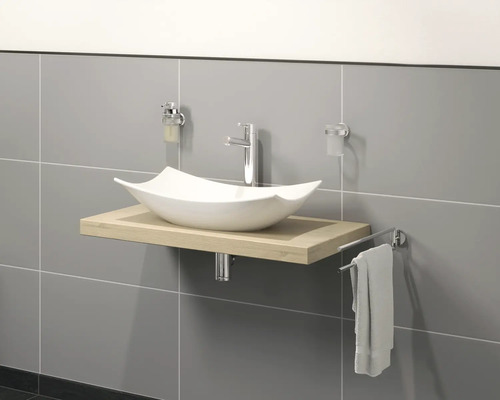 Umývadlo s umývadlovou misou, batériou a držiakom na uteráky v kúpeľni