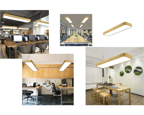 Viaceré pohľady na obdĺžnikové kancelárske stropné svietidlo s dreveným rámom v rôznych kancelárskych prostrediach.