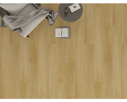 Pohľad na miestnosť s laminátovou podlahou, kreslom a stolom