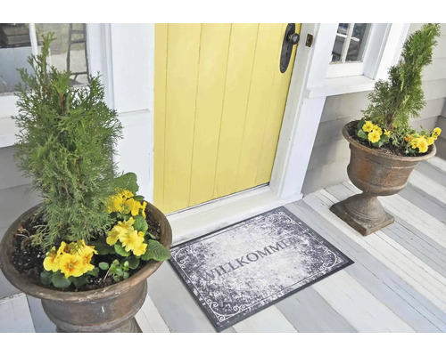 Vstupný priestor so žltými dverami, rohožka s nápisom Vitajte a dva kvetináče.