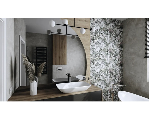 Moderná kúpeľňa s umývadlom, zrkadlom, kvetinovou tapetou a radiátorom