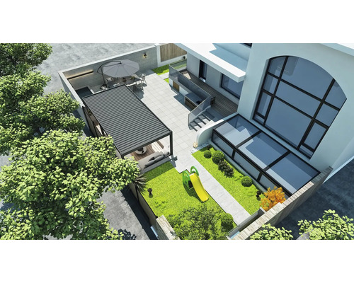 Pohľad zhora na moderný dom so záhradou, terasou a pergolou