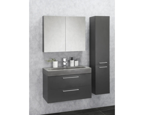 Kúpeľňa s umývadlovou skrinkou, umývadlom, zrkadlovou skrinkou a vysokou skriňou.