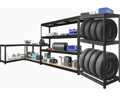 Regálový systém s pracovným stolom a pneumatikami