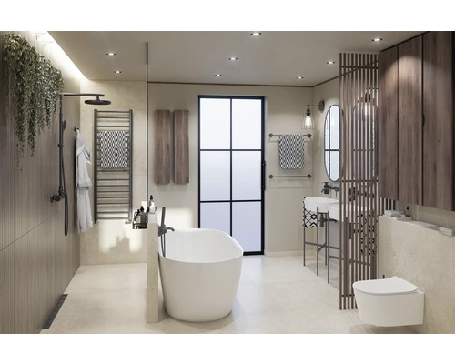 Svetlá kúpeľňa s voľne stojacou vaňou, sprchou, umývadlom a toaletou