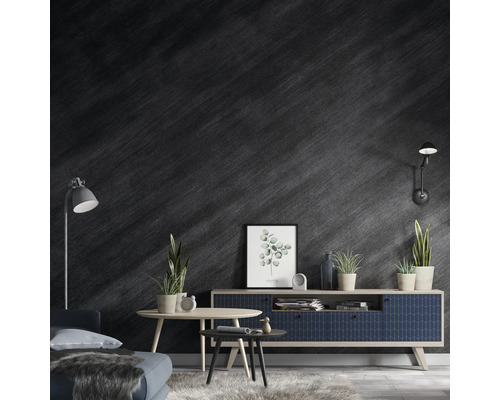 Moderná obývacia izba s tmavou stenou, komodou, gaučom a rastlinami.