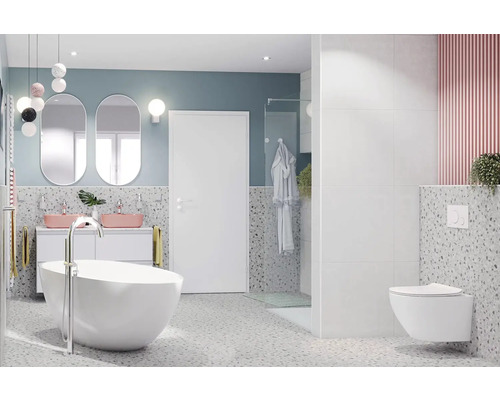 Moderná kúpeľňa s voľne stojacou vaňou, umývadlovou skrinkou s dvoma umývadlami a závesným WC