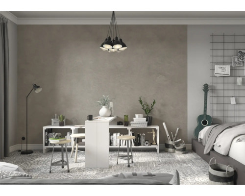 Pracovňa so stolom, policami a dekoratívnymi prvkami.