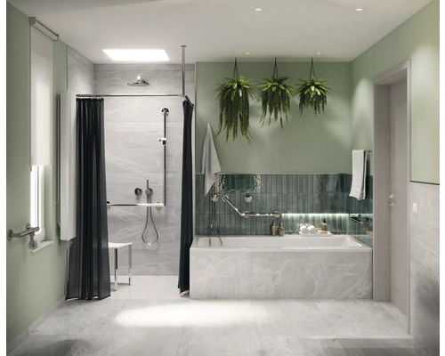 Kúpeľňa so sprchou, vaňou, držadlami a rastlinami