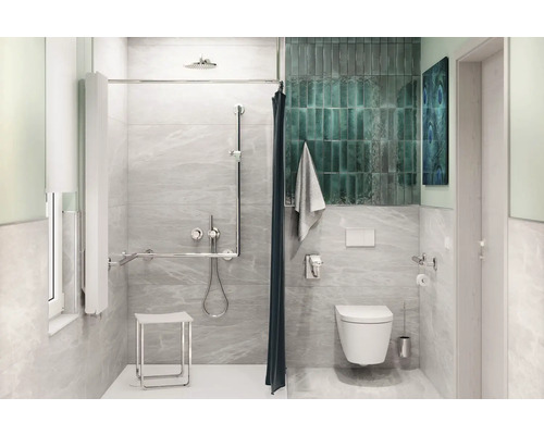 Bezbariérová kúpeľňa so sprchou, toaletou a držadlami