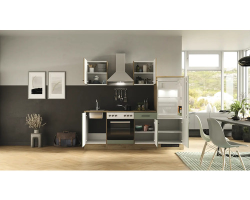 Kompaktná kuchyňa s drezom, rúrou, digestorom a chladničkou v svetlej miestnosti