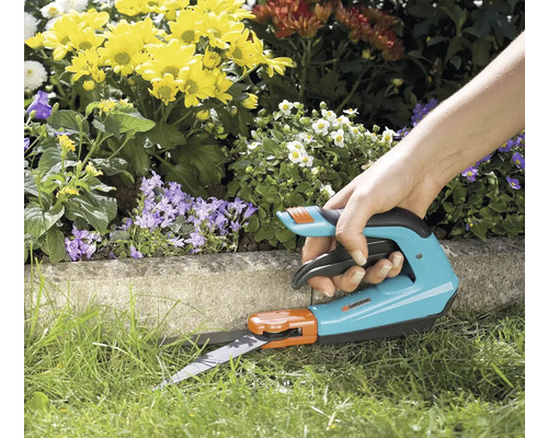 Záhradné nožnice na strihanie okrajov trávnika v blízkosti kvetinového záhonu