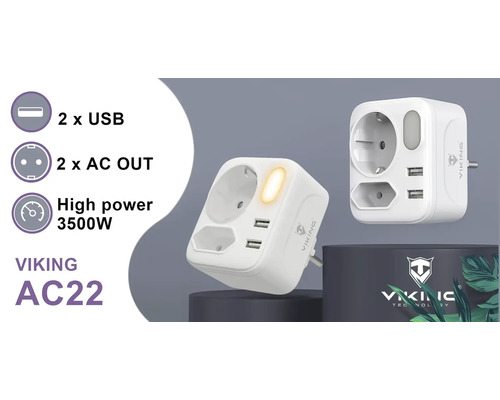 Adaptér zásuvky VIKING AC22 s dvoma portami USB a dvoma výstupmi striedavého prúdu