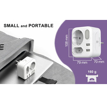 Rozbočka s dvoma USB portami, zásuvkou a funkciou nočného svetla s rozmermi 108 mm na výšku, 79 mm na šírku a 70 mm do hĺbky a hmotnosti 160 gramov