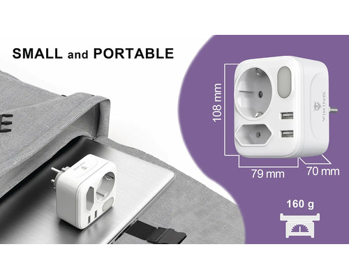 Rozbočka s dvoma USB portami, zásuvkou a funkciou nočného svetla s rozmermi 108 mm na výšku, 79 mm na šírku a 70 mm do hĺbky a hmotnosti 160 gramov