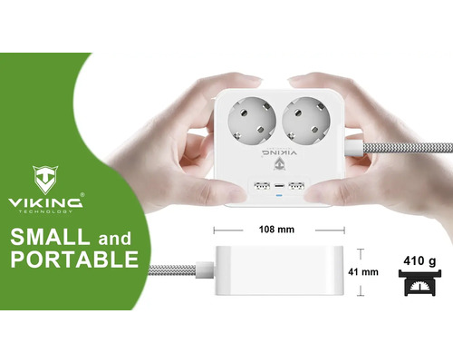 Napájacia kocka s dvomi zásuvkami, USB portami a rozmermi 108 x 41 milimetrov a hmotnosťou 410 gramov.