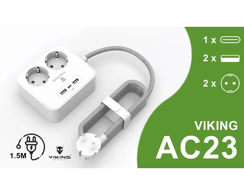 Napájacia lišta Viking AC23 s dvomi zásuvkami, dvomi portami USB, jedným portom USB-C a 1,5 metrovým káblom