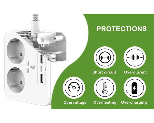 Rozbočka s prepäťovou ochranou, ochranou proti skratu, ochranou proti prehriatiu, ochranou proti preťaženiu a nadprúdovou ochranou
