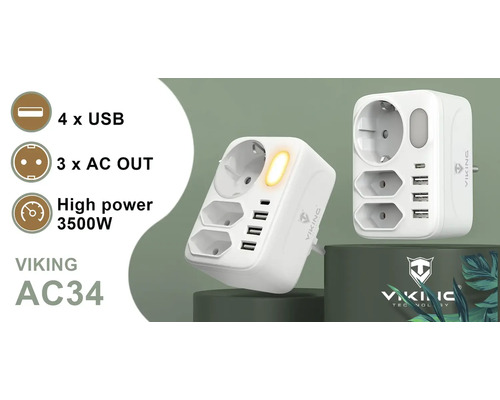 Biela sieťová redukcia Viking so štyrmi portami USB a tromi zásuvkami