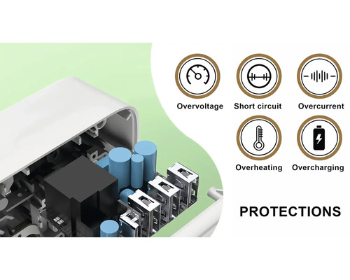 Ochranné funkcie: prepätie, skrat, nadprúd, prehriatie, prebíjanie