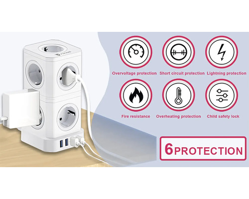 Zásuvková kocka s ochranou proti prepätiu, ochranou proti skratu, ochranou proti blesku, protipožiarnou ochranou, ochranou proti prehriatiu a detskou poistkou