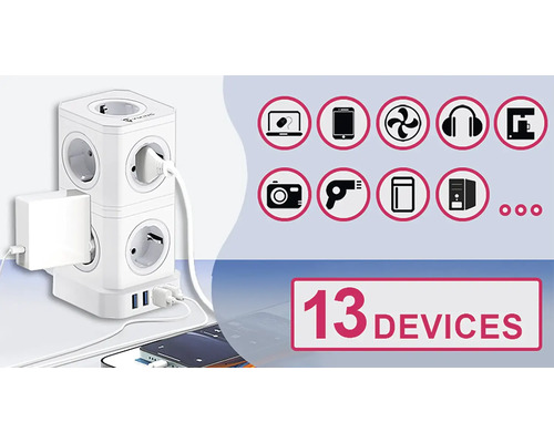 Zásuvková kocka s viacerými zásuvkami a USB portami