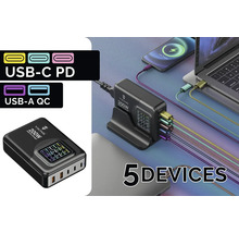 200 W USB nabíjačka s portami USB-C a USB-A na súčasné nabíjanie piatich zariadení
