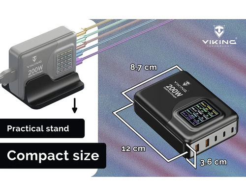 Nabíjačka Viking 200 W s praktickým stojanom a kompaktnými rozmermi
