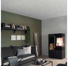 Obývacia izba so stropnými panelmi, pohovkou a krbovými kachlami