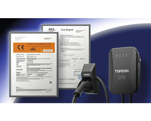 Nabíjacia stanica Topdon s príslušnými certifikátmi