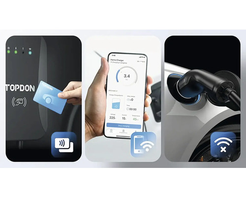 Logo Topdon, nabíjacia stanica s kartou, aplikácia pre smartfóny a nabíjacia zástrčka