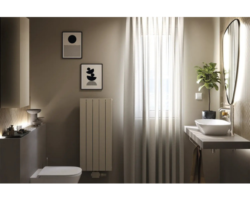 Moderná kúpeľňa s umývadlom, zrkadlom, radiátorom a dekoráciami