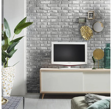 Obývacia izba s televízorom, komodou, izbovou rastlinou a dekoráciou na tehlovej stene