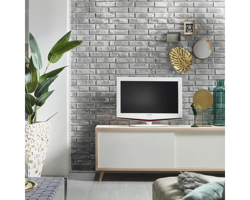 Obývacia izba s televízorom, komodou, izbovou rastlinou a dekoráciou na tehlovej stene