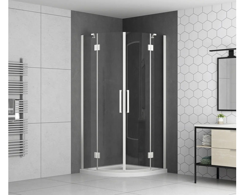 Sprchovací kút s otočnými dverami a rebríkový radiátor v kúpeľni.