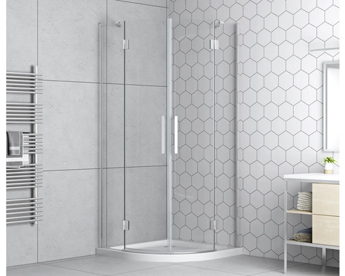 Rohová sprcha so sklenenými otočnými dverami v kúpeľni