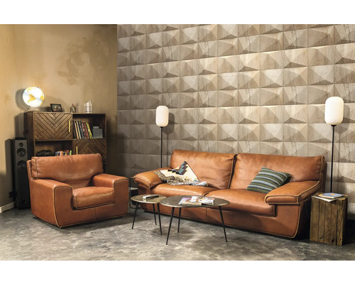 Obývacia izba s koženou sedačkou, kreslom, drevenými stenovými panelmi a policami