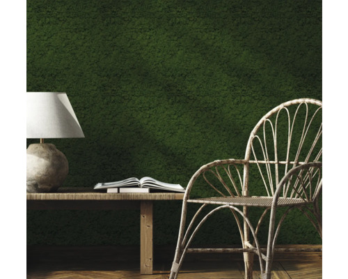 Dekoratívny interiér s machovou stenou, stolom, lampou, knihou a stoličkou