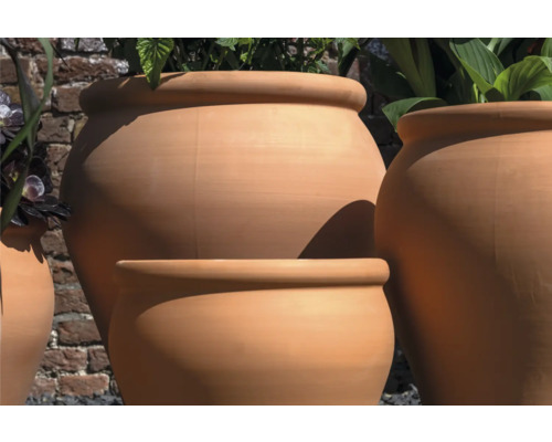 Terakotové kvetináče rôznych veľkostí s rastlinami v záhrade.