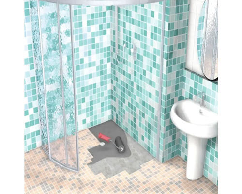 Kúpeľňa so sprchou, umývadlom a valčekom na podlahe