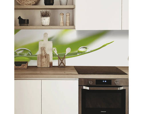 Kuchynská zástena s trávou a kvapkami vody v modernej kuchyni.