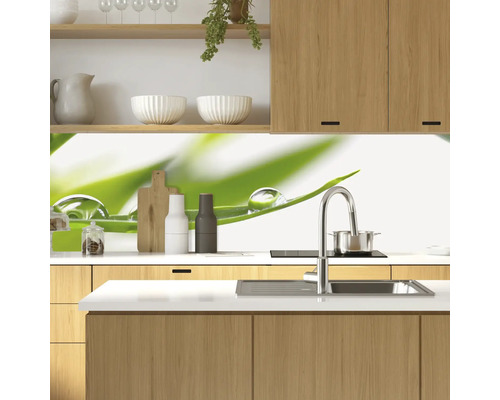 Kuchynská scéna s umývadlom, batériou a ochranou proti striekajúcej vode s rastlinným motívom