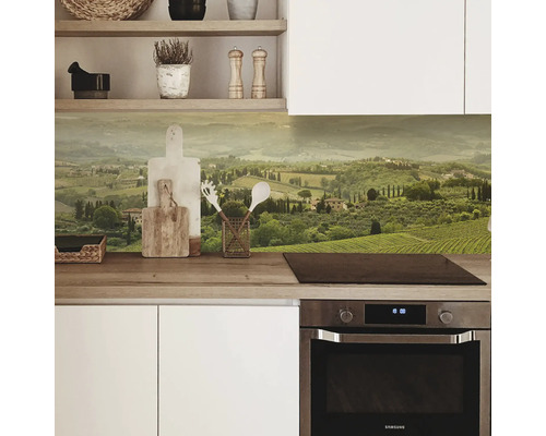 Kuchynská zástena s motívom krajiny v modernej kuchyni.