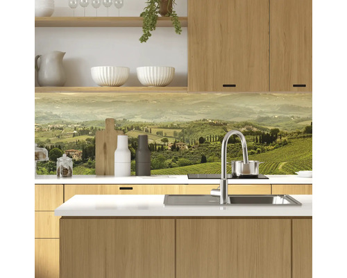 Kuchynská scéna s drezom, batériou a krajinným motívom ako ochrana proti striekajúcej vode