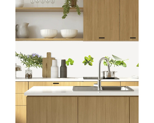 Kuchynská scéna s motívmi byliniek na stene